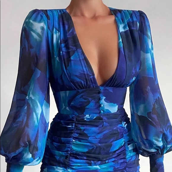 Royal blue floral,V-neckline,long puff sleeves with buttons on the cuffs. - Picture 2 of 6